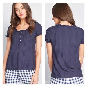 Modcloth Navy Blue Ribs and Ruffles Knit Scoopneck Top XXS